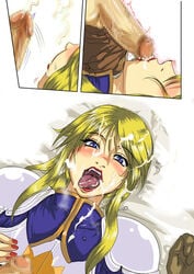 agrias_oaks armor blonde_hair blush censored clothed_sex cum cum_in_hair cum_on_hair fellatio final_fantasy final_fantasy_tactics final_fantasy_tactics_(original) lips lipstick oral penis raburebo ramza_beoulve