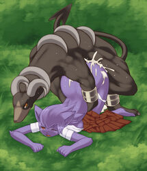 ambiguous_penetration anthro canine cum cum_inside cum_on_ass female furry hi_res houndoom male murasuke muscular_male ninetales nintendo pokemon shiny_ninetales shiny_pokemon straight_hair sweat