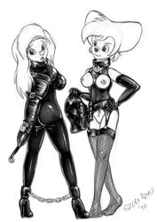 2girls a_goofy_movie anthro anthro_only armbinder bodysuit bondage disney female female_only goof_troop latex monochrome monoglove nipples peg_pete restrained roxanne_(goof_troop) s0lar1x thighhighs