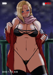 1girls android_18 big_breasts blonde_hair blue_eyes blush bra breasts cleavage dragon_ball dragon_ball_z earrings female female_focus female_only hips large_breasts legwear looking_at_viewer moon night_sky papepox2 pov recording red_coat ring scarf sky slightly_chubby solo solo_focus straight_hair tagme thick_thighs thighhighs undressing voluptuous wide_hips