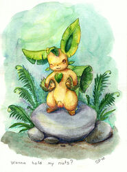 2010 color day eeveelution english_text front_view fur generation_4_pokemon holding leafeon male male_only nintendo nude outdoors pokemon pokemon_(species) rock simplepale solo standing testicles text wink