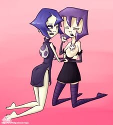 2girls blue_hair clothing female female_only gaz_membrane human invader_zim irken multiple_girls nickelodeon nipples purple_hair rapps smooth_skin tagme tak tak_(disguised)_(invader_zim) tak_(invader_zim) undressing yuri