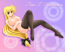 blonde_hair blush bow breasts fate_testarossa hairbow kamogawa_tanuki legs long_hair low-tied_long_hair lyrical_nanoha magic_circle mahou_shoujo_lyrical_nanoha mahou_shoujo_lyrical_nanoha_strikers nude octagram red_eyes smile star_of_lakshmi thighhighs very_long_hair wallpaper