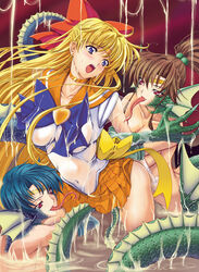 3girls ami_mizuno bishoujo_senshi_sailor_moon blonde_hair blue_eyes blue_hair blush bow bowtie brown_hair choker claws clothing collarbone comic corruption cover cover_page doujin_cover earrings female hairbow head_fins human inoino jewelry lamia large_breasts long_hair magical_girl makoto_kino minako_aino miniskirt monster_girl multiple_females naga red_eyes sailor_jupiter sailor_mercury sailor_venus scales see-through short_hair skirt snake_tail tear tiara tongue tongue_out water yuri