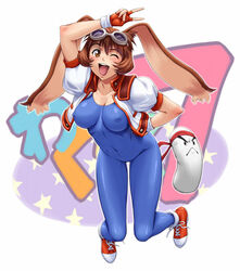 1girls arina_makihara bodysuit bonus-kun bonus_kun breasts bunny_ear erect_nipples female goggles large_breasts latex legs long_legs makihara_arina nigou shoes skin_tight sneakers solo sunsoft thighs waku_waku_7 wink