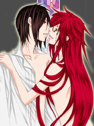 2boys black_hair gay green_eyes grell_sutcliff kuroshitsuji long_hair male male_only red_hair sebastian_michaelis short_hair stained_glass tagme topless very_long_hair yaoi