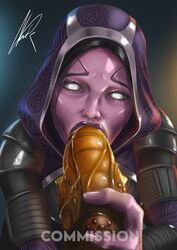 alien arm_pouch commission commissioner_upload eye_contact eyes fellatio female hair hood interspecies krogan male mask mass_effect nazreizo_(artist) penis pov purple_skin quarian saliva_trail selfie shiny tali'zorah_nar_rayya white_eyes