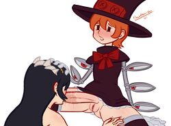 1futa 1girls areolae big_breasts big_penis blush bottomless breasts chameleon-san clothed clothing duo erection fellatio filia_(skullgirls) futa_on_female futa_sans_balls futanari human humanoid humanoid_penis light-skinned_female light-skinned_futanari light_skin oral pale_skin partially_clothed peacock_(skullgirls) pussy samson_(skullgirls) sex skullgirls small_breasts