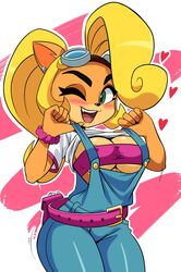 1girls anthro bandicoot blonde_hair breasts coco_bandicoot crash_(series) female fur furry heart heart mergeritter nipples orange_fur overalls solo solo_female solo_focus tease teasing