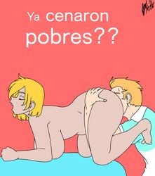 1boy 1boy1girl 1girls ahe_gao all_fours ass_lick ass_licking blonde_hair butt_lick butt_licking choco-girl_(ocida_drawing) doggy_style licking_ass licking_pussy ocida ocida_drawing ocidasilver original shoko_(ocida_drawing) short_hair spanish_text text_bubble