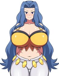 alternate_breast_size bangs big_breasts bimbo blue_eyes blue_hair blush bra breasts cleavage collarbone cowboy_shot creatures_(company) elite_four eyelashes female female_only game_freak gigantic_breasts hair_intakes highres huge_breasts karen_(pokemon) large_breasts long_hair looking_at_viewer midriff navel nintendo pants parted_bangs pokemon pokemon_(game) pokemon_gsc pokemon_hgss shirt simple_background smile solo solo_female stomach underwear vema very_long_hair white_background yellow_shirt