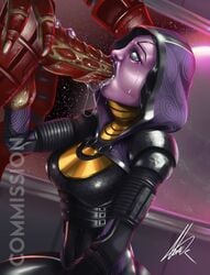 cum fellatio hood interspecies krogan male mass_effect nazreizo_(artist) penis quarian side_view tali'zorah_nar_rayya testicles urdnot_wrex