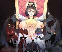 1boy 3girls angel areolae ass between_breasts big_breasts big_penis black_hair blonde_hair blue_eyes blush breasts cheesoart closed_eyes collaborative_paizuri demon demon_girl digimon digimon_(species) double_paizuri erection eyeshadow female femdom fffm_foursome foursome hand_on_another's_head head_between_breasts head_wings hetero horns huge_breasts inverted_nipples ladydevimon ladydevimon_(red) large_breasts light-skinned_male lilithmon lipstick lucemon male malesub mask moaning nail_polish nipples open_mouth paizuri pale-skinned_male penis red_eyes seven_great_demon_lords sex smile straight tattoo tied_hair white_hair white_skin wings