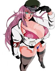 1girls 2020 abigail_(metal_slug) aqua_eyes big_breasts black_gloves black_socks black_thighhighs blue_panties boots hat_grab long_hair looking_at_viewer metal_slug metal_slug_attack military_hat military_uniform no_shirt only_female open_jacket pink_bra pink_hair snk thick_thighs viewed_from_above white_background white_jacket