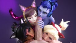 1boy 3d 4girls asian asian_female big_penis black_cat_d.va blizzard_entertainment blowjob brown_hair cat_ears cock_worship collaborative_fellatio d.va dark-skinned_female dark_skin fellatio gamer_girl gifdoozer's_black_cat_d.va harem headphones interracial light-skinned_female light-skinned_male looking_at_viewer male_pov mercy multiple_girls overwatch pale-skinned_male pharah pov quadruple_fellatio tayra teamwork unseen_male_face widowmaker worship