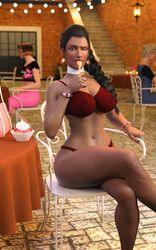 3d black_hair blizzard_entertainment braid breasts cafe dark-skinned_female eating french_nails indian_female legs looking_at_viewer mry overwatch smirking symmetra thick_thighs underwear_only winking yellow_eyes