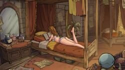 1girls 2d ass background bed bedroom book bottle bra breasts brown_hair calm candy chocolate chocolate_frog clothed clothed_female clothing color curtain curtains day detailed_background fantasy feet female female_focus female_only gryffindor gryffindor_tower hair harry_potter hermione_granger hogwarts hogwarts_student human human_only innocent_witches leg_up light-skinned_female light_skin long_hair love_potion lying lying_on_bed lying_on_stomach magic_user mandrake medium_breasts on_bed on_stomach one_leg_up panties pillow plant potion reading reading_book relaxing sad_crab scerg schoolgirl shiny_skin side_view sideboob solo solo_focus student teddy_bear toy underwear underwear_only white_bra white_panties white_underwear witch