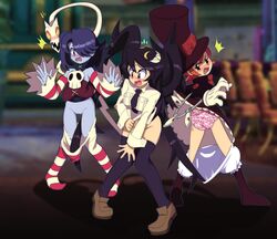 3girls blush cute embarrassed euf-dreamer filia_(skullgirls) in-game_background leviathan_(skullgirls) multiple_girls panties peacock_(skullgirls) public public_nudity pussy samson_(skullgirls) shocked skullgirls squigly stockings stripping