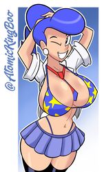 1girls artist_name atomickingboo becky_brightly big_breasts big_thinkers bikini blue_hair breasts busty cleavage female female_focus female_only large_breasts school_uniform schoolgirl solo upper_body