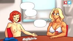 2girls animated beverly_(nortuet) big_breasts blonde_hair blue_eyes bra breasts cards cleavage closed_eyes clothed clothing comedy comic comic_dub dialogue dressing english_text english_voice female_focus female_only funny ginger_hair happy_female hi_res hoodie humor long_hair magicalmysticva medium_hair meme multiple_girls muscular_female music nortuet nortuet_universe original poker red_hair revealing_clothes role_reversal simple_background smile sound strip_poker sweat sweating table tanned_skin tara_(nortuet) text topless underwear video voice_acted watermark