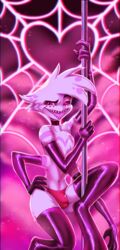 1boy angel_dust_(hazbin_hotel) arachnid bulge chakisuu chest_hair demon femboy hazbin_hotel hi_res latex latex_gloves latex_thighhighs looking_at_viewer mostly_nude one_leg_up open_mouth panties penis_bulge smile smiling solo solo_focus solo_male spider spreading stripper_pole white_fur white_hair