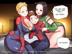 1boy 2019 2girls absurd_res age_difference alien alien_girl alternate_version_available avengers bed big_breasts bodysuit bokuman breasts busty captain_marvel carol_danvers dialogue dominant_female english_text female female_focus femdom guardians_of_the_galaxy hi_res huge_breasts human imminent_sex interspecies large_breasts light-skinned_female light-skinned_male light_skin male mantis_(marvel) marvel marvel_cinematic_universe marvel_comics mature mature_female multiple_girls older_female peter_parker smaller_male spider-man spider-man_(series) spider-man_(tom_holland) straight straight_hair superhero superheroine text thick_thighs thighs tom_holland voluptuous