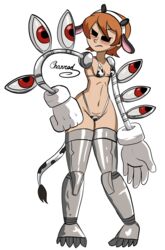 1girls bikini charredarousal cow_bikini cow_print cow_print_bikini cyborg embarrassed female hips orange_hair peacock_(skullgirls) skullgirls solo tail thick_thighs thighs