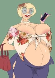 areola_slip areolae belly big_belly big_breasts breasts cleavage female glasses huge_breasts karen karen_(meme) large_breasts madzisstacked massive_breasts mature_female milf nipple_slip nymphaedra1 pregnant ripped_clothing ripped_pants short_hair tight_clothing tight_fit