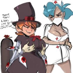 2girls breast_envy breast_expansion groping jealous justdavefnd large_breasts peacock_(skullgirls) sharp_teeth skullgirls suggestive valentine_(skullgirls)