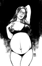 1girls belly big_belly breasts ember_bastet female glasses hmb-art lingerie nipple_slip pregnant solo