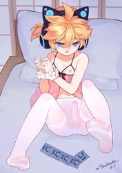 1boy blush condoms erection feet femboy kagamine_len lingerie male male_only negligee nipples open_mouth penis solo spread_legs testicles toes trap tsubasa_tsubasa vocaloid