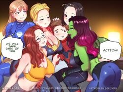 1boy 2d 5girls age_difference alien alien_girl alpha_male alternate_version_available aunt_and_nephew behind_the_scenes big_breasts bokuman breasts bulge captain_marvel carol_danvers cleavage dialogue director english english_text female female_focus gamora gangbang green-skinned_female green_skin guardians_of_the_galaxy harem human humanoid imminent_sex incest interspecies iron_man_(series) large_breasts male mantis_(marvel) marvel marvel_cinematic_universe mature mature_female may_parker multiple_girls nipple_bulge older_female pepper_potts peter_parker princess rescue_(marvel) reverse_gangbang royalty speech_bubble spider-man spider-man_(series) straight straight_hair text younger_male zehoberei