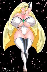 alternate_breast_size bimbo blonde_hair breasts gigantic_breasts green_eyes hair_over_one_eye hips huge_breasts huge_hips huge_thighs hyper_breasts large_breasts long_hair lusamine_(pokemon) marcormen massive_breasts nipple_bulge pokemon pokemon_sm thick_thighs thighs wide_hips