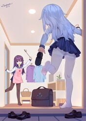 2girls apron artist_signature blue_hair clothed detailed_background female female_focus female_only fully_clothed nonude pantyhose purple_eyes purple_hair removing_shoes smile smiling smiling_at_another tagme taking_off_shoes tsubasa_tsubasa upskirt wholesome