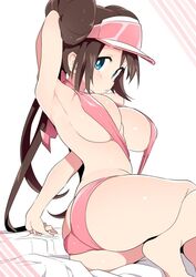 1girls 2021 alternate_breast_size arm_up armpits ass ass_shot bare_legs barely_contained big_eyes blue_eyes blush breasts brown_hair cute feet female female_focus female_only foot_out_of_frame hat huge_breasts human human_only large_ass long_hair looking_at_viewer nintendo pink_bikini pink_hat pokemon pokemon_bw2 rosa_(pokemon) sideboob simple_background sling_bikini stretching swimsuit thick_thighs thighs tottotonero twin_buns twintails underboob visor visor_cap white_background