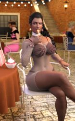 3d black_hair blizzard_entertainment braid breasts cafe dark-skinned_female eating french_nails indian_female legs looking_at_viewer mry overwatch see_through smirking symmetra thick_thighs underwear winking yellow_eyes