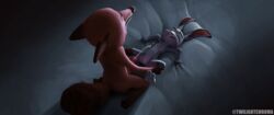 absurd_res anthro bodily_fluids breasts canid canine cum cumshot digital_media_(artwork) disney duo ejaculating_cum ejaculation erection female flat_chest fox from_front_position fur genital_fluids genitals grey_body grey_fur hi_res humanoid judy_hopps lagomorph leporid lying male male/female mammal missionary_position nick_wilde nude on_back penis pussy rabbit red_body red_fur sex smile twilightchroma widescreen zootopia