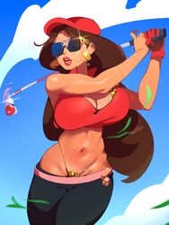 1girls ass_length_hair baseball_cap big_breasts bouncing_breasts breasts brown_hair cleavage combos-n-doodles earrings female female_only gloves golf_club leopard_print leopard_print_bikini leopard_print_g-string lipstick long_hair mario_(series) mario_golf mario_vs._donkey_kong midriff mini_donkey_kong nintendo one_glove pants_down pauline pinup red_lipstick sunglasses thick_thighs thighs thong tinted_eyewear