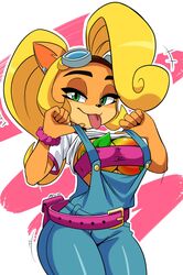 1girls anthro bandicoot blonde_hair breasts coco_bandicoot crash_(series) female fur furry mergeritter nipples orange_fur overalls solo solo_female solo_focus suggestive tease teasing thick_thighs tongue wide_hips wumpa_fruit