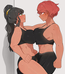 2girls against_wall big_breasts black_hair blush breast_press breasts clothed clothing duo female female_only fully_clothed human looking_at_another muscular muscular_female oddsnail original_character partially_clothed ponytail red_hair short_hair side_view standing steam sweat tan tan-skinned_female yuri