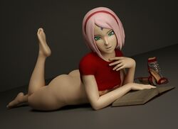 1girls 3d ass bob_cut boruto:_naruto_next_generations bottomless feet female female_only green_eyes grey_background heels light-skinned_female naruto nipples pink_hair ready_(artist) sakura_haruno short_hair simple_background soles solo solo_female toes