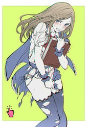 1girls angry blue_eyes blush book brown_hair castlevania castlevania:_portrait_of_ruin charlotte_aulin coat covering covering_self embarrassed konami light_skin long_hair looking_at_viewer panties thighhighs torn_clothes ｇれｌ_(artist)