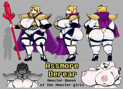 1girls anthro asgore_dreemurr ass assmore_(under(her)tail) big_ass big_breasts breasts cape character_sheet female goat goat_girl goat_horns heterochromia horns huge_breasts model_sheet pink_nipples queen royalty rule_63 tagme thewill under(her)tail undertale white_fur yellow_hair yellow_text