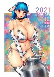 2021 big_breasts blue_hair calendar_(medium) collar cow_bikini cow_girl cow_horns cow_print cow_print_bikini cowbell errorkazoo female headband huge_breasts january_(month) milk milk_churn red_eyes rina_atherina_(errorkazoo)