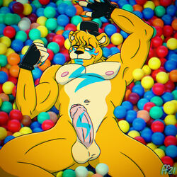 1boy anthro anthro_only anthrofied ball_pit balls belly_button black_eyes black_nose blue_fingernails body_markings bodypaint bracelet chest_markings fabfelipe facepaint five_nights_at_freddy's five_nights_at_freddy's:_security_breach genitals glamrock_freddy_(fnaf) glamrock_freddy_(fury's_rage) half-closed_eyes handwear hat headgear headwear looking_away lying lying_down lying_on_back lying_on_ball_pit male male_only muscles muscular muscular_male nipples nude orange_body orange_fur orange_skin penis penis_markings security_breach_fury's_rage signature smile smiling solo solo_male spiked_bracelet spikes watermark