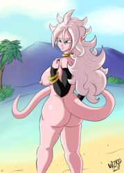 1girls 2010s android_21 android_21_(good) ass beach big_breasts blue_eyes bracelet breasts dragon_ball dragon_ball_fighterz female hoop_earrings humanoid light_persona long_hair looking_back majin majin_android_21 monster_girl necklace nipples pink_skin pointy_ears tail white_hair wizkid28