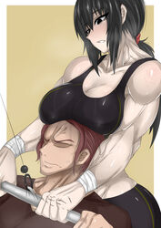 1boy 1girls annoyed assisted_exercise black_eyes black_hair distracted exercise faceless_male fit fit_female freckles gym large_breasts light_skin long_hair muscles muscular muscular_female oc original original_character ponytail red_hair scar sports_bra sweat takano_togainu_(zokosuke) vein veins weightlifting wet zokusuke