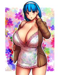 big_breasts blue_hair blush cleavage errorkazoo female flowers headband huge_breasts jacket lace-trimmed_bra off_shoulder red_eyes rina_atherina_(errorkazoo) short_hair solo