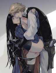 1boy 1girls albus black_hair blonde_hair blue_eyes blush castlevania castlevania:_order_of_ecclesia clothed gun gun_holster holster holstered_pistol holstered_weapon imminent_penetration imminent_sex konami light_skin long_hair order_of_ecclesia panties panties_aside panty_pull pussy_juice shanoa short_hair stockings straight sweat tattoo thighhighs wet wet_pussy ｇれｌ_(artist)