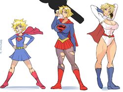 1girls 2021 age_progression alien alien_girl big_breasts blonde blonde_hair blue_eyes breasts cleavage dc female female_focus female_only full_body fully_clothed kara_zor-el karen_starr kryptonian power_girl ripped_stockings short_blonde_hair short_hair skirt solo solo_female solo_focus sooperman supergirl superman_(series) thick_thighs white_background